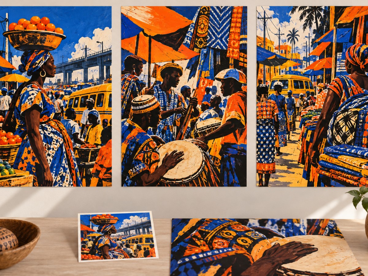 Market Rhythm — Editorial illustration “A colourful illustration series inspired by the movement, people, and energy of Lagos markets.”